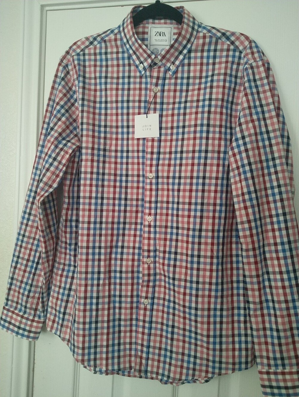 Zara Long Sleeve Button Down Classic Red Blue White Multi Check Plaid Shirt Sz L
